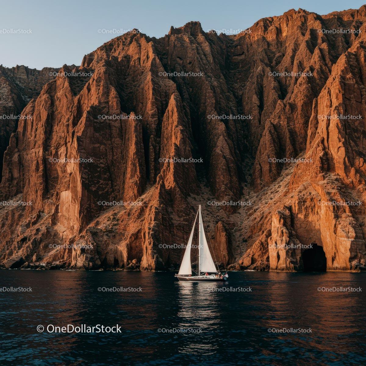 Sailing Boat by Dramatic Rocky Cliffs at Sunset