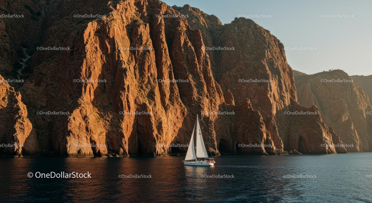 Sailing Boat Beneath Majestic Sunset Cliffs