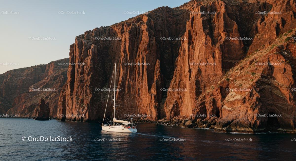 Majestic Cliffs and Yacht in Tranquil Blue Waters