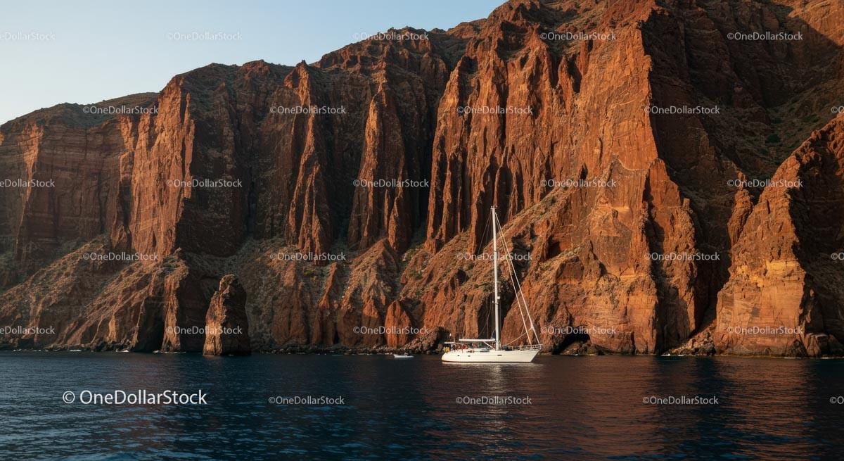 Sailing Yacht Before Majestic Red Cliffs at Sunset