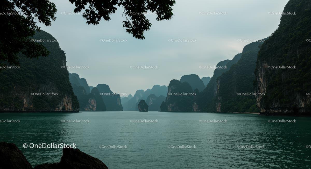 Misty Limestone Cliffs and Tranquil Waters