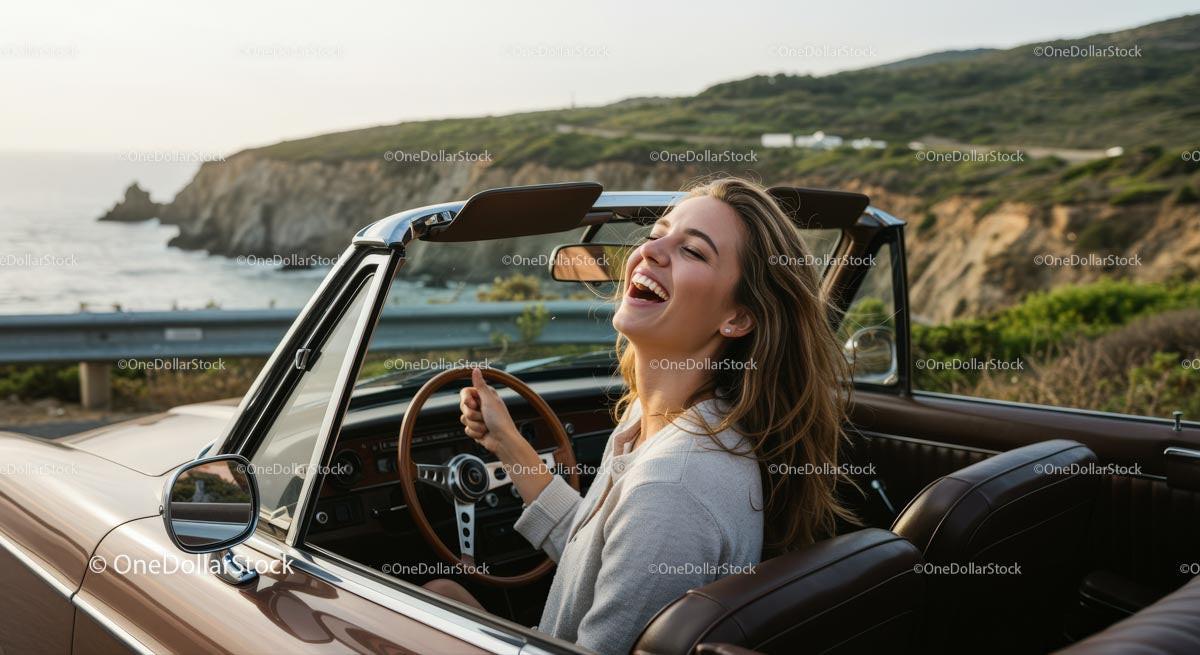 Joyful Woman Driving Convertible on Scenic Coastal Road