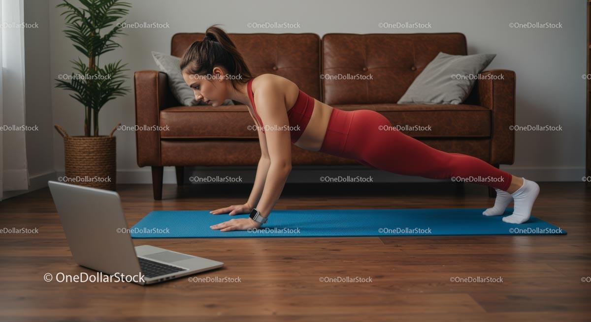 Woman in Plank Position on Blue Yoga Mat During Home Workout