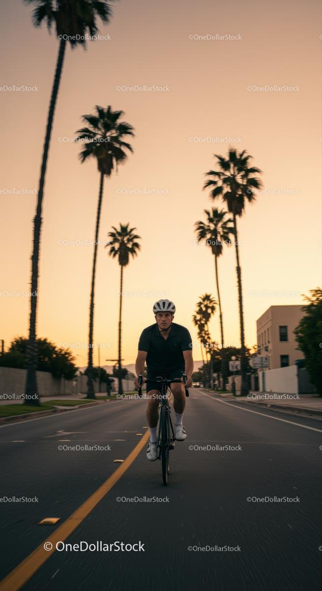 Cyclist Riding Through Palm-Lined Streets at Sunset
