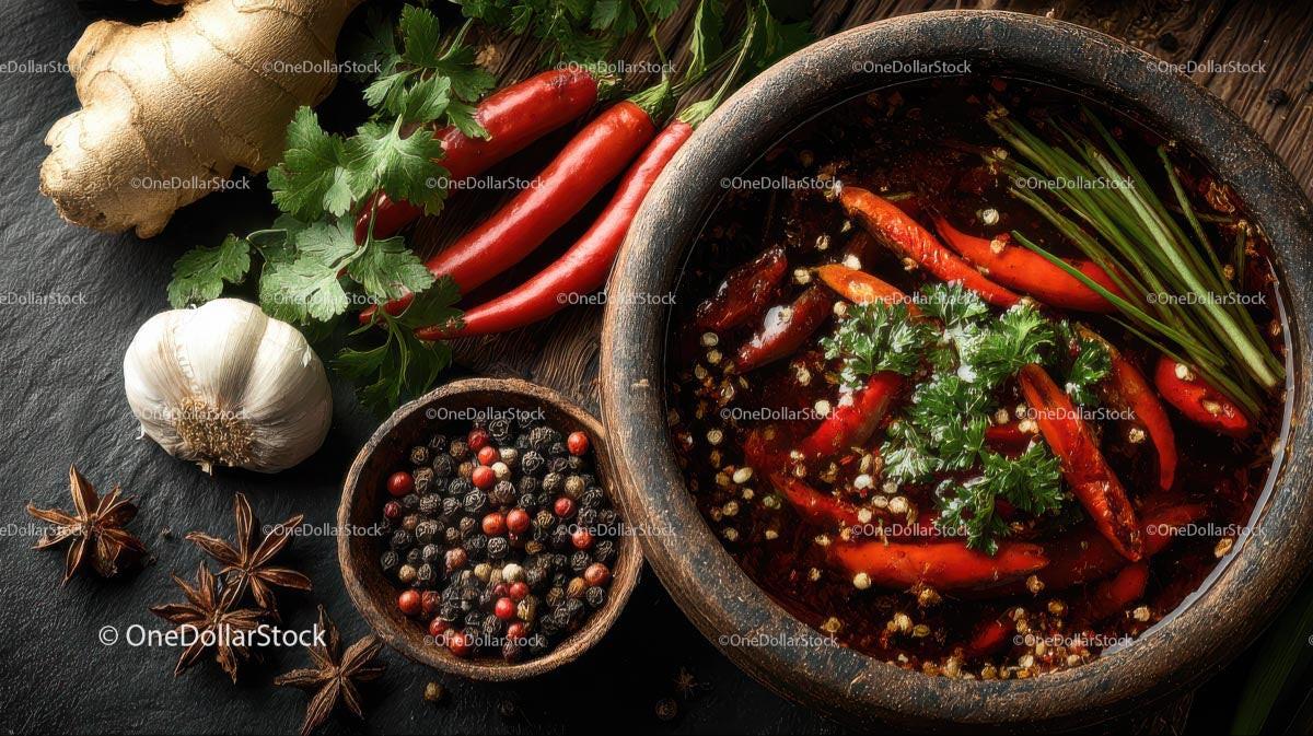 Authentic Spicy Asian Soup with Chilies and Fresh Herbs