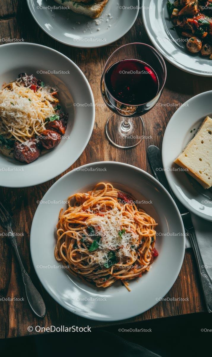 Spaghetti and Wine on a Rustic Wooden Table