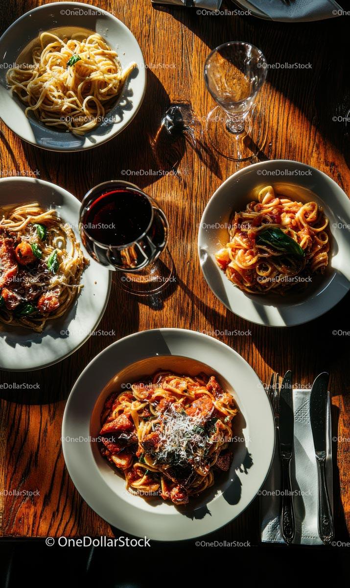 Italian Pasta Feast on a Rustic Wooden Table