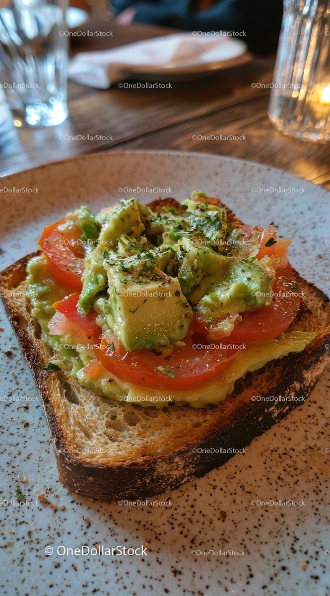 Avocado Toast with Tomato and Herbs on Rustic Plate