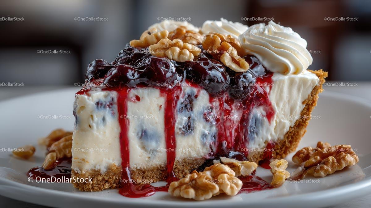 Cherry Cheesecake Slice with Walnuts and Whipped Cream