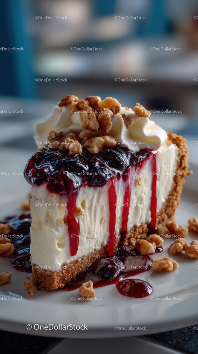 Cheesecake Slice with Cherry Topping and Walnuts