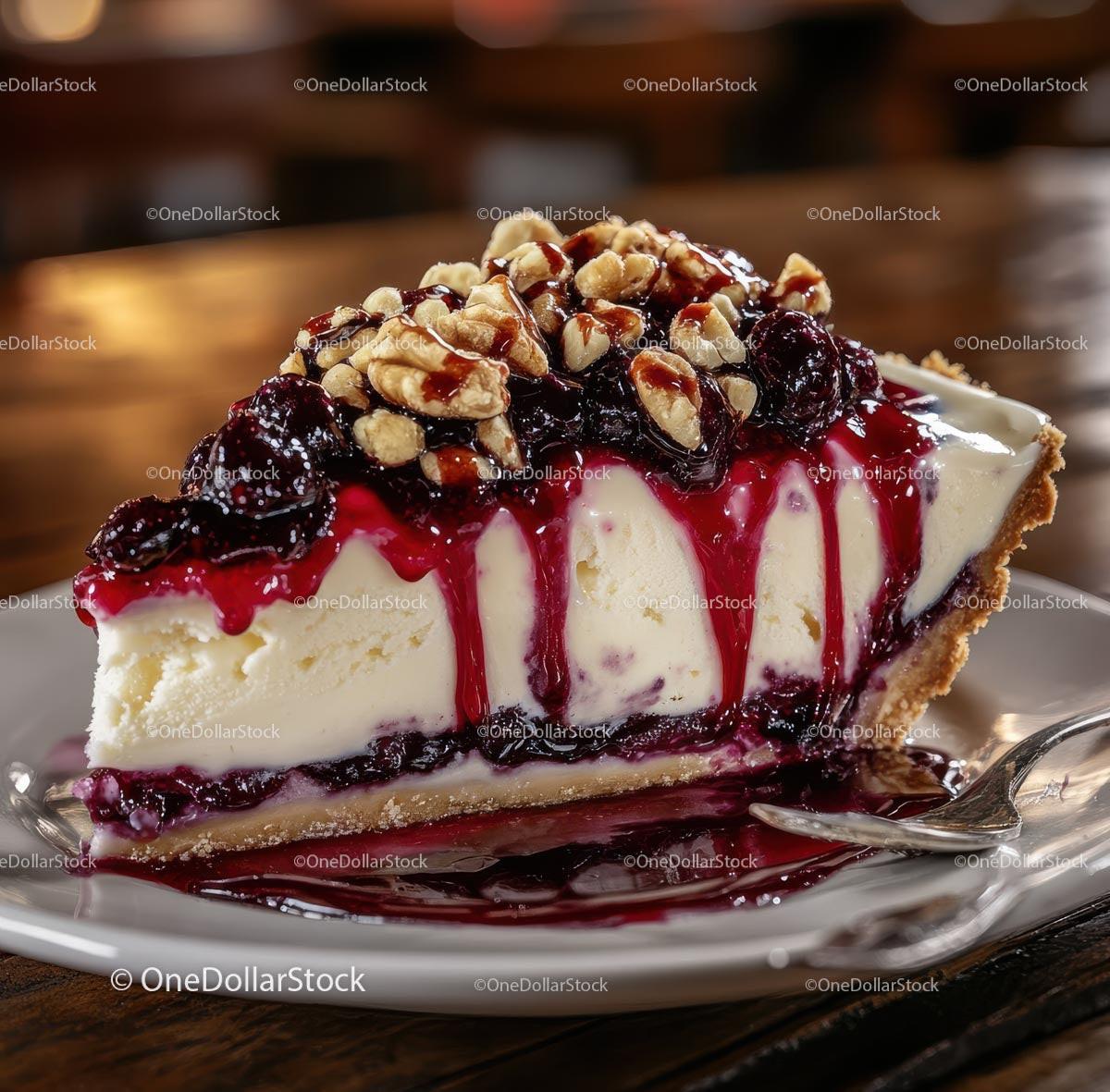Cherry-Topped Cheesecake Slice with Nuts on Plate