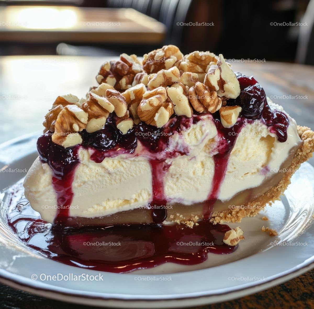 Slice of Creamy Cheesecake with Berry Topping and Walnuts