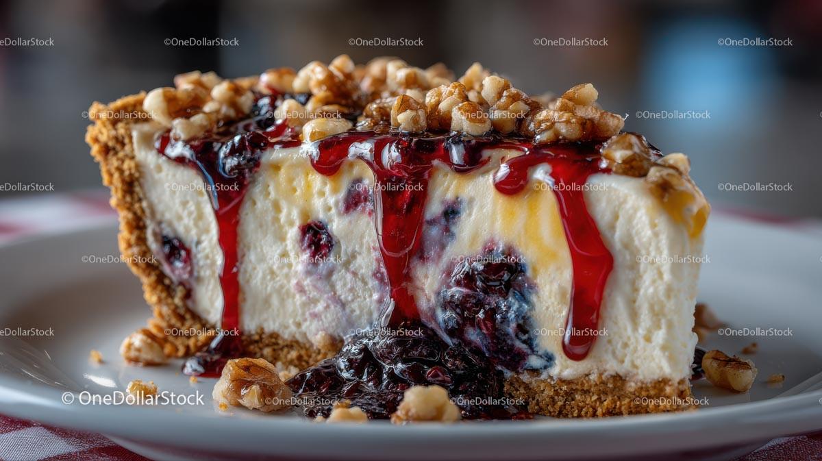 Cheesecake Slice with Strawberry and Walnut Topping