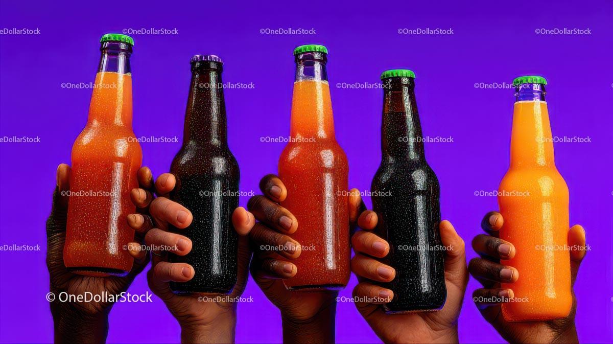 Vibrant Glass Bottles Held Against Purple Background