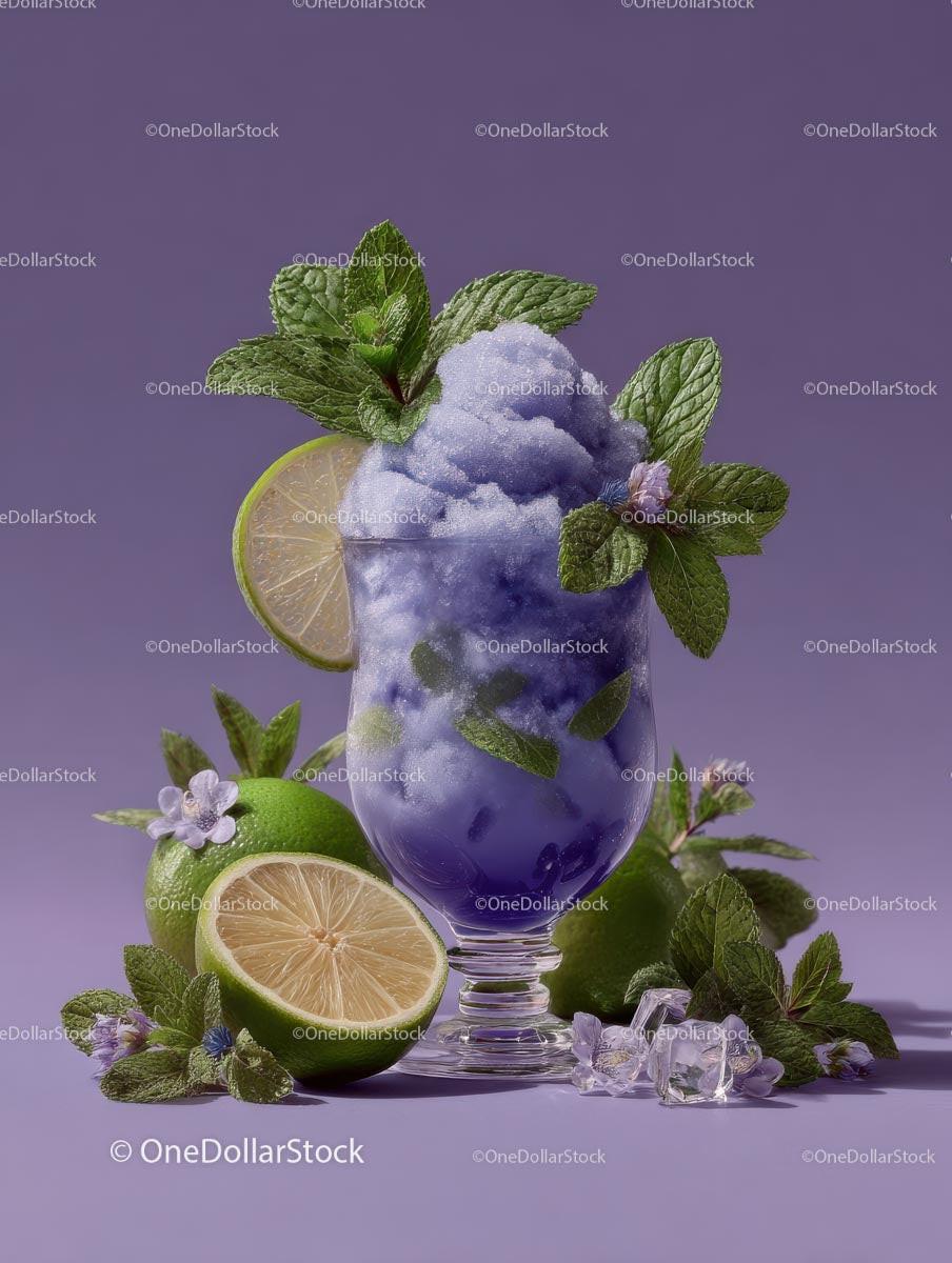 Refreshing Purple Cocktail Garnished with Mint and Lime Stock Photo Bundle preview