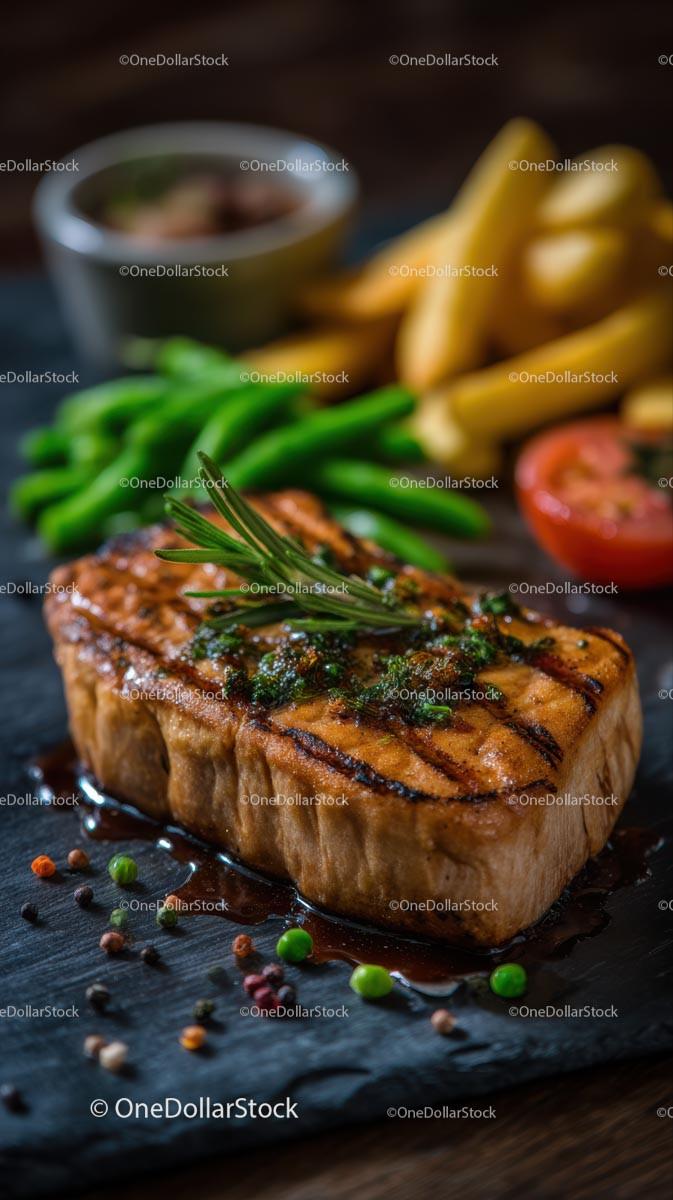 Grilled Salmon Steak with Fresh Herbs and Vegetables