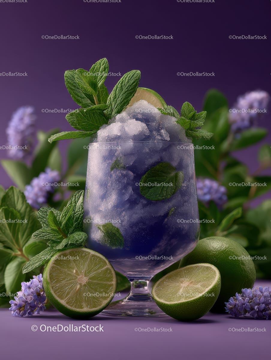 Refreshing Purple Cocktail Garnished with Mint and Lime Stock Photo Bundle preview 6