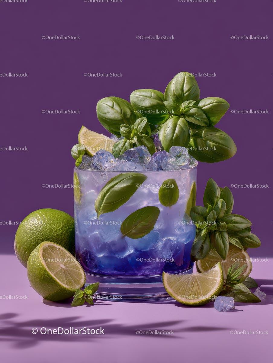 Refreshing Purple Cocktail Garnished with Mint and Lime Stock Photo Bundle preview 9