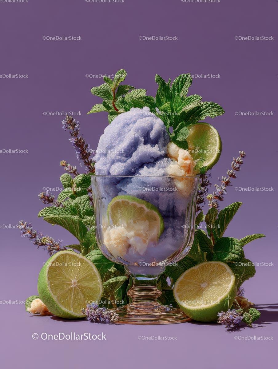 Lavender Ice Cream with Lime and Mint Garnish