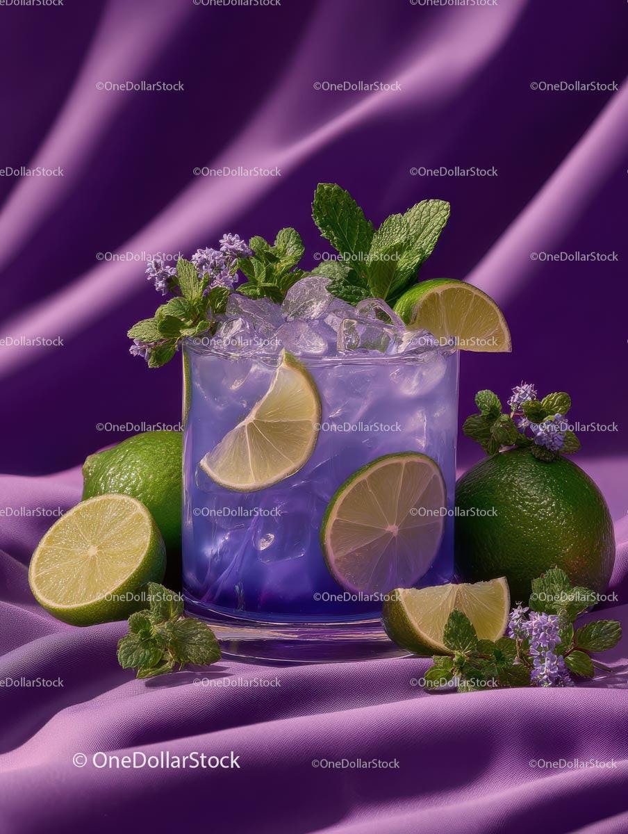 Refreshing Mint Lime Cocktail on Purple Silk
