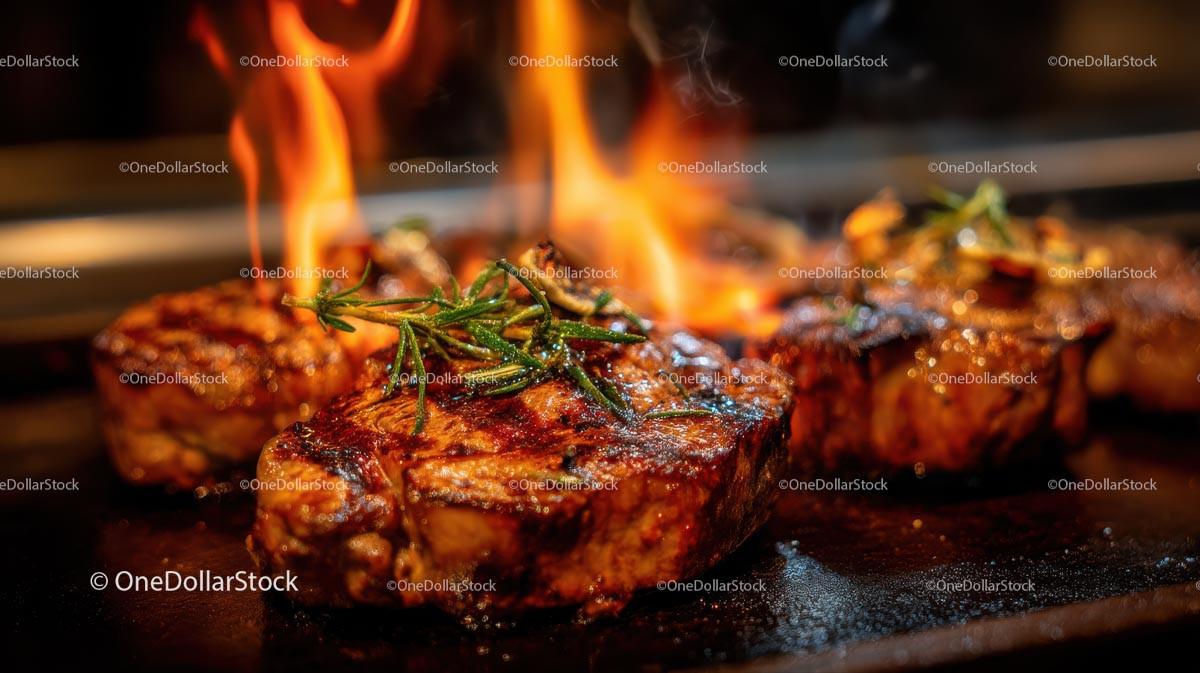 Sizzling Grilled Steak with Rosemary on Open Flame