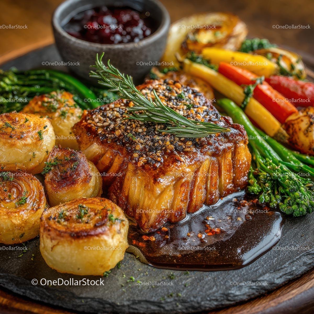 Delicious Glazed Steak with Vegetables and Potatoes