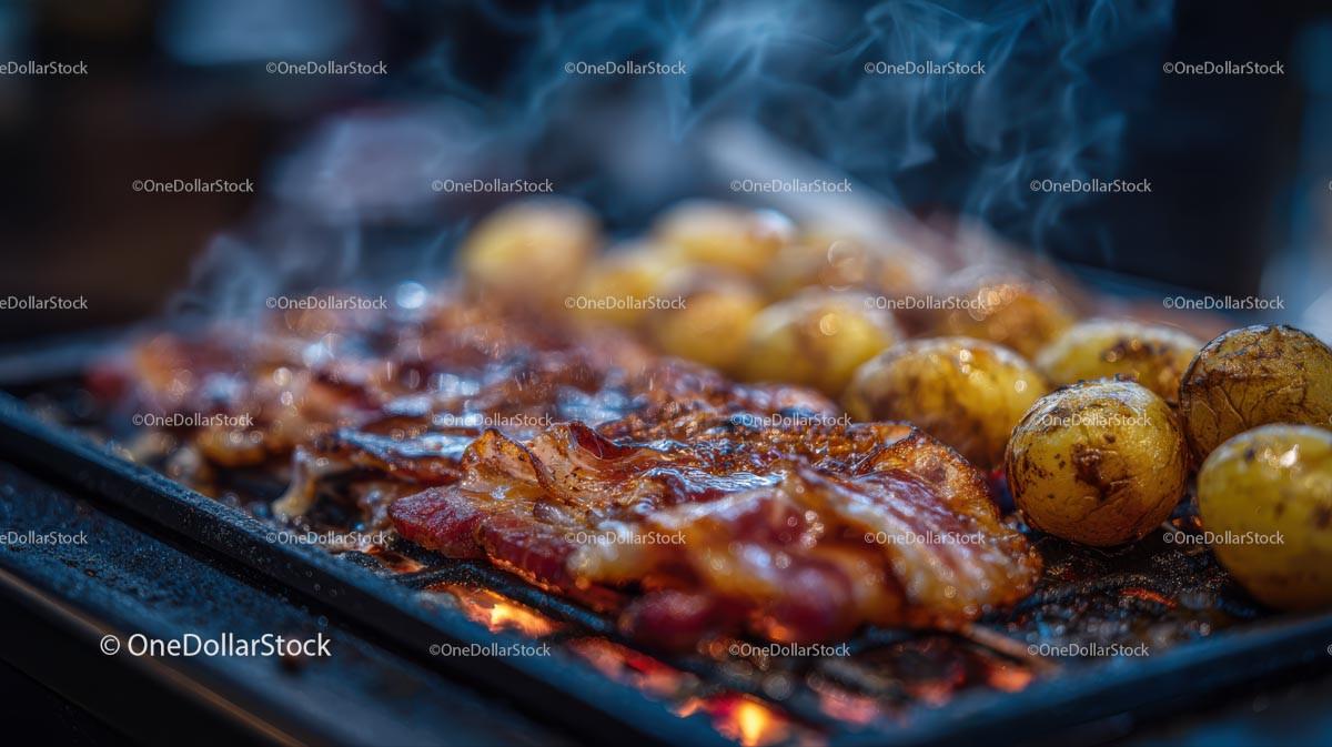 Sizzling Bacon and Potatoes on an Open Grill