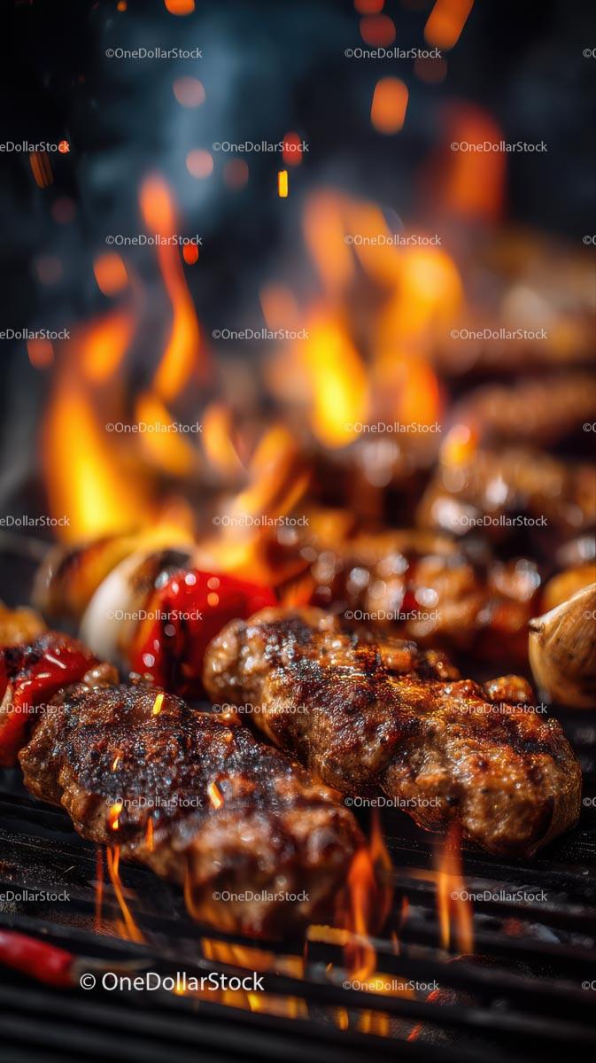 Juicy Steaks Grilling Over Open Flames on a Barbecue