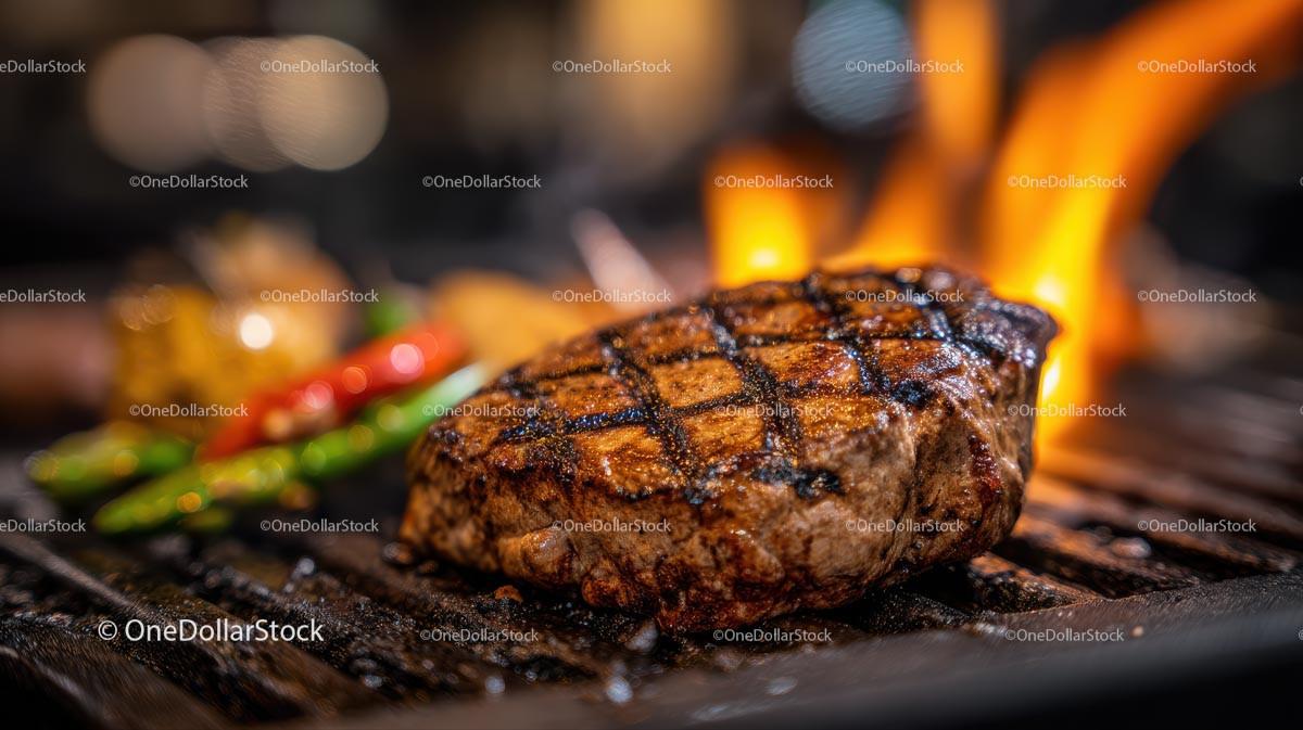 Juicy Grilled Steak on Flaming BBQ Grill