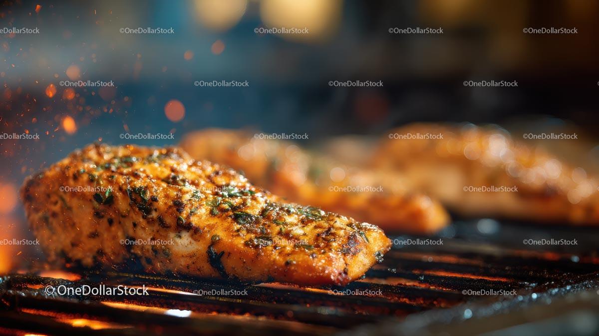 Juicy Grilled Chicken Breast on BBQ Grill with Herbs