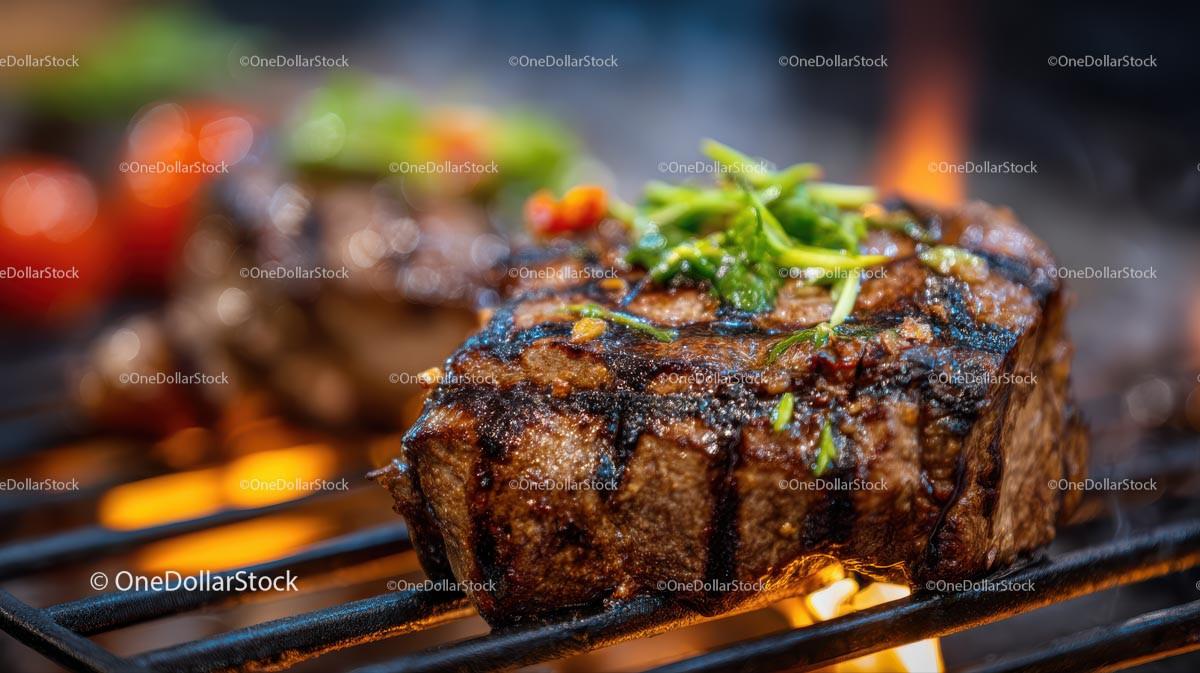 Juicy Grilled Steak with Fresh Herbs on Barbecue