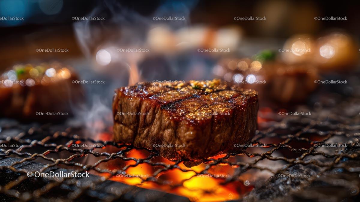 Juicy Grilled Steak Sizzling on Charcoal Grill