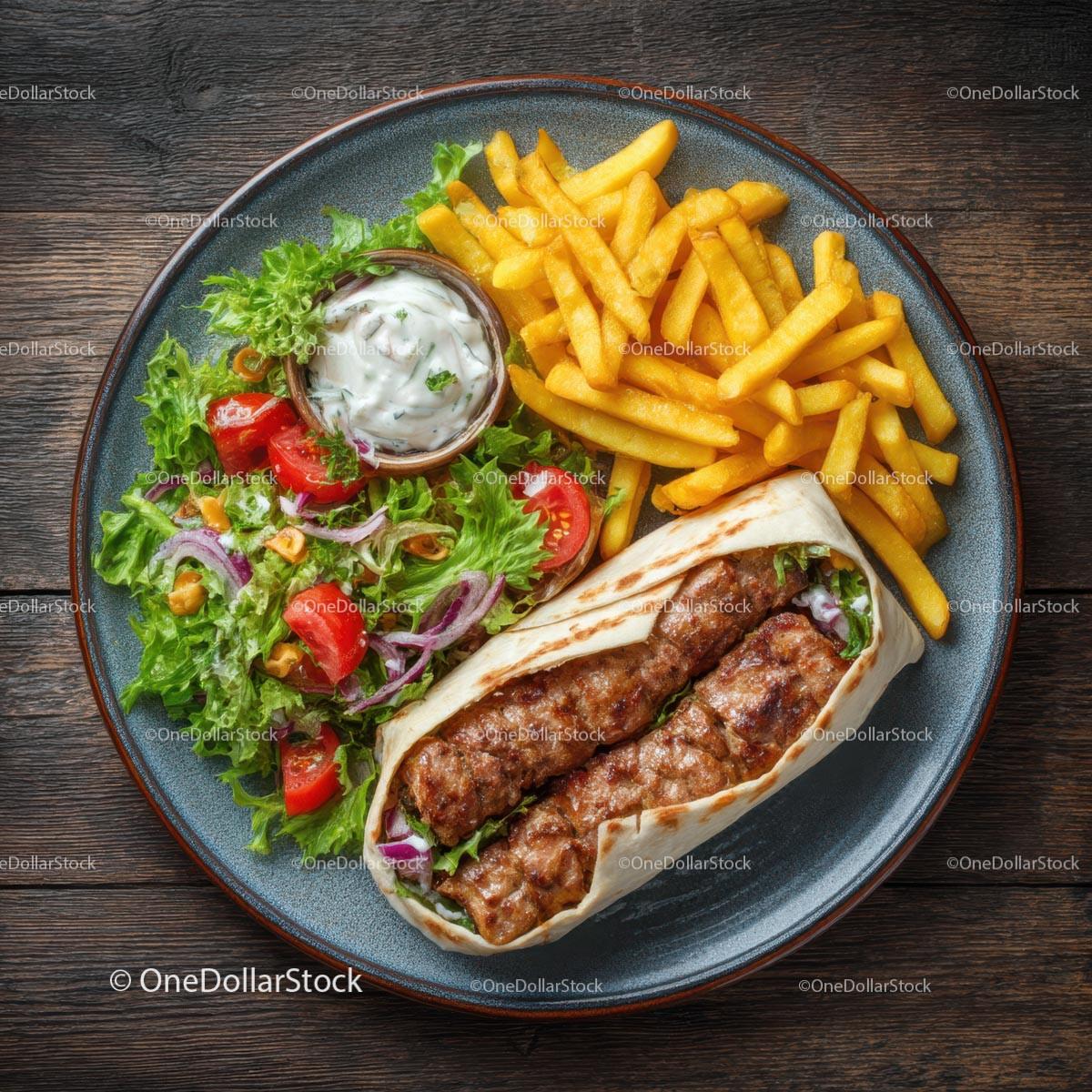 Kebab Wrap with Fresh Salad and Fries on Rustic Plate