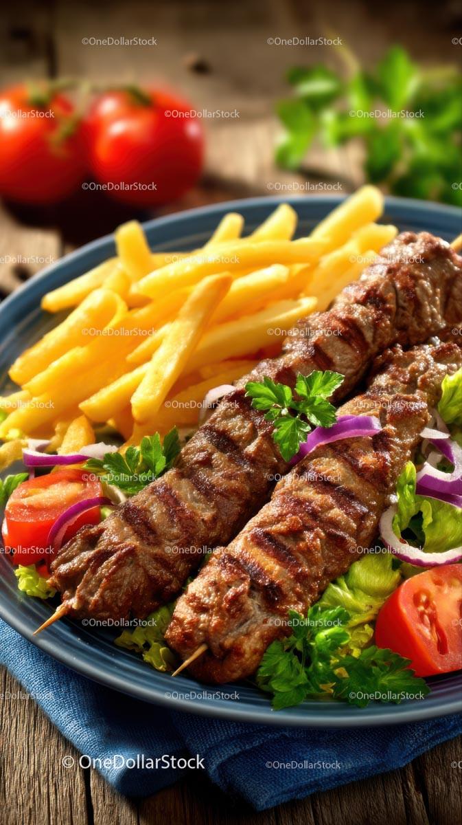 Grilled Kebab and Crispy Fries with Fresh Vegetables
