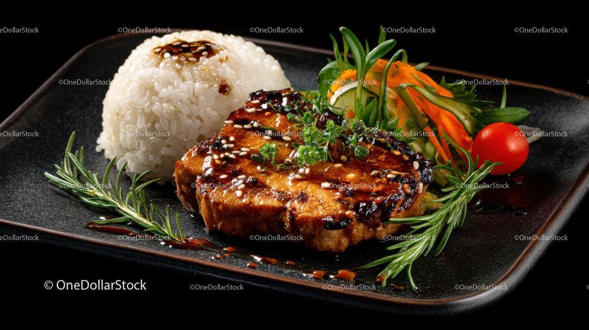 Grilled Pork Chop with Rice and Vegetables on Black Plate