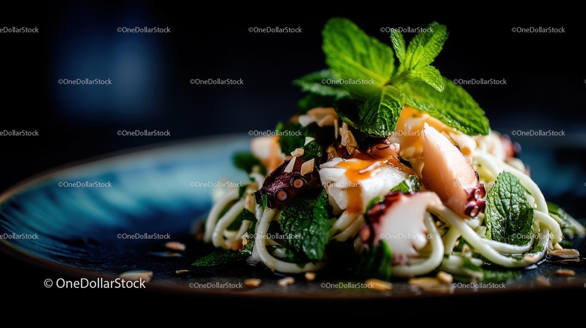 Gourmet Seafood Pasta Garnished with Fresh Mint