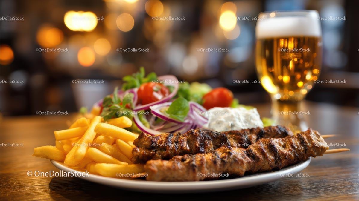 Grilled Skewers with Fries and Fresh Salad in Restaurant