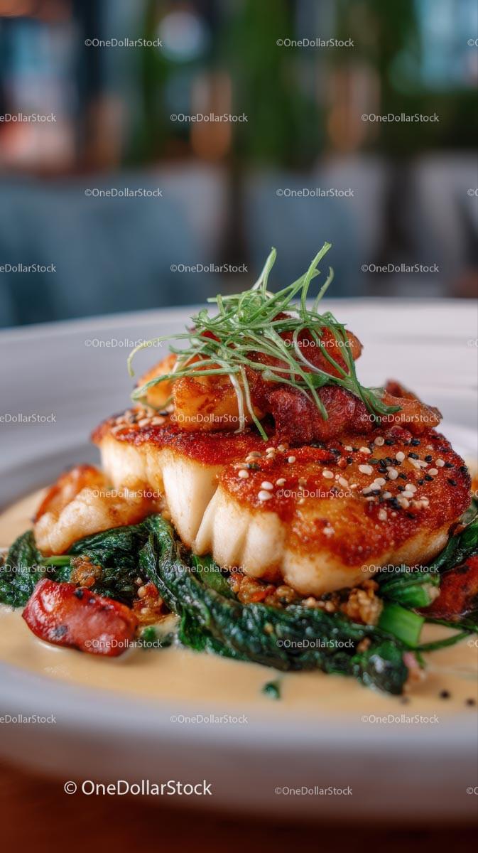 Gourmet Seared Scallops on Spinach with Fresh Herb Garnish