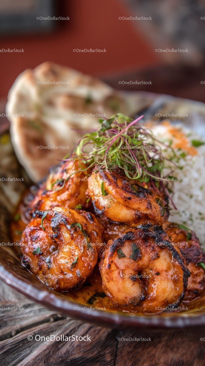 Grilled Spicy Shrimp with Rice and Naan Bread