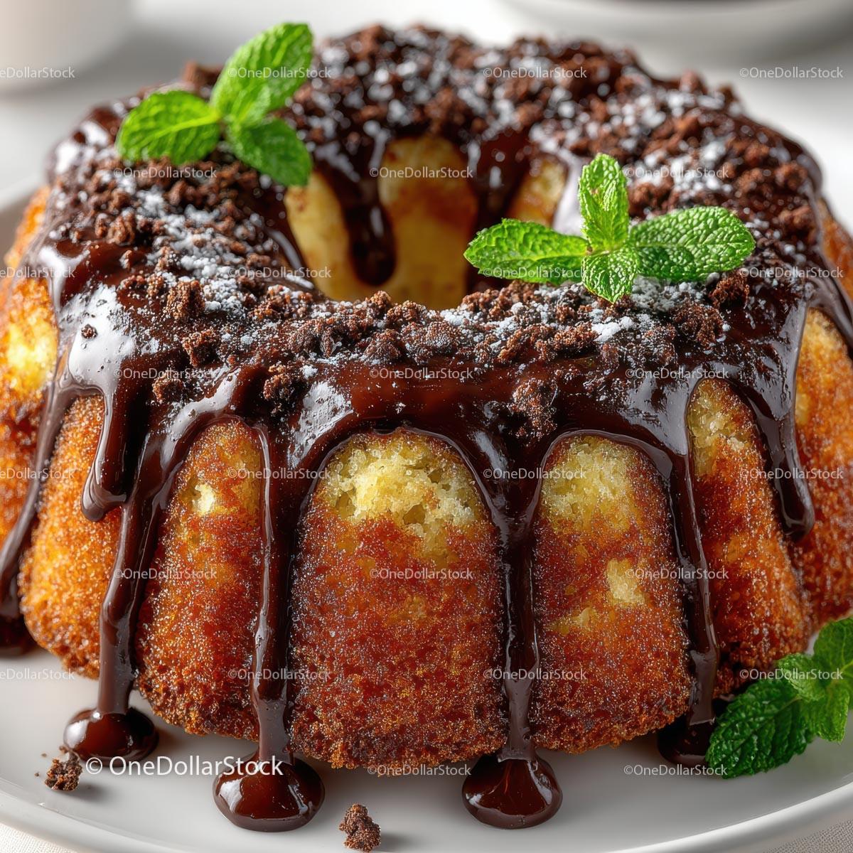 Chocolate Glazed Bundt Cake with Fresh Mint Garnish