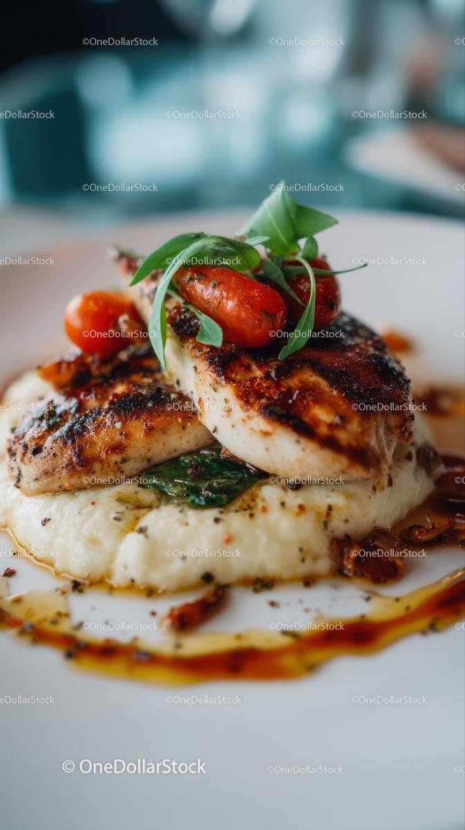 Grilled Chicken with Cherry Tomatoes and Mashed Potatoes