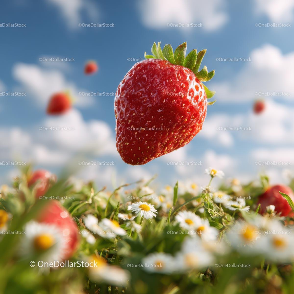 stock photo bundle made with Floating Ripe Strawberry Above a Daisy Field Stock Photo Bundle