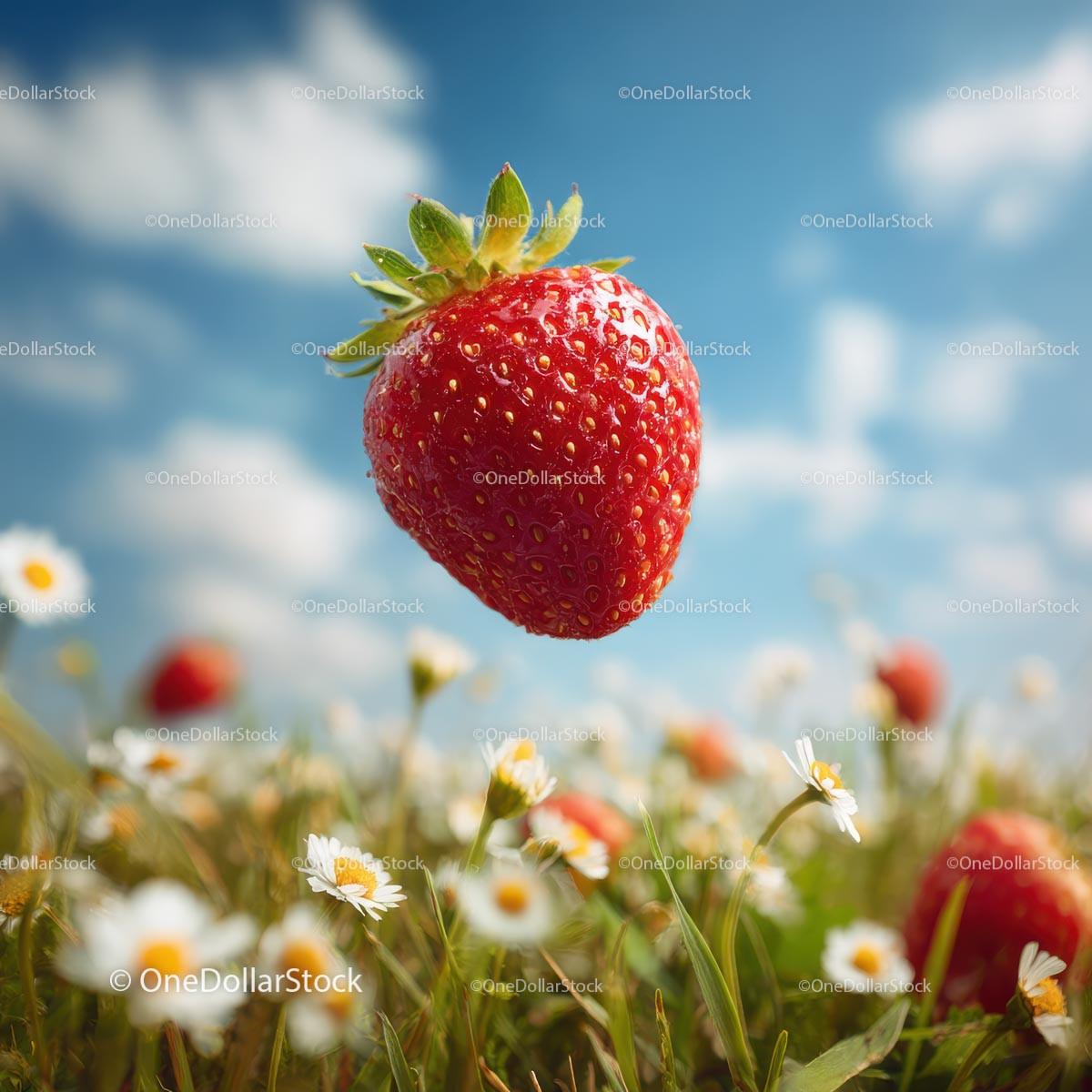 Floating Ripe Strawberry Above a Daisy Field Stock Photo Bundle creative preview 4
