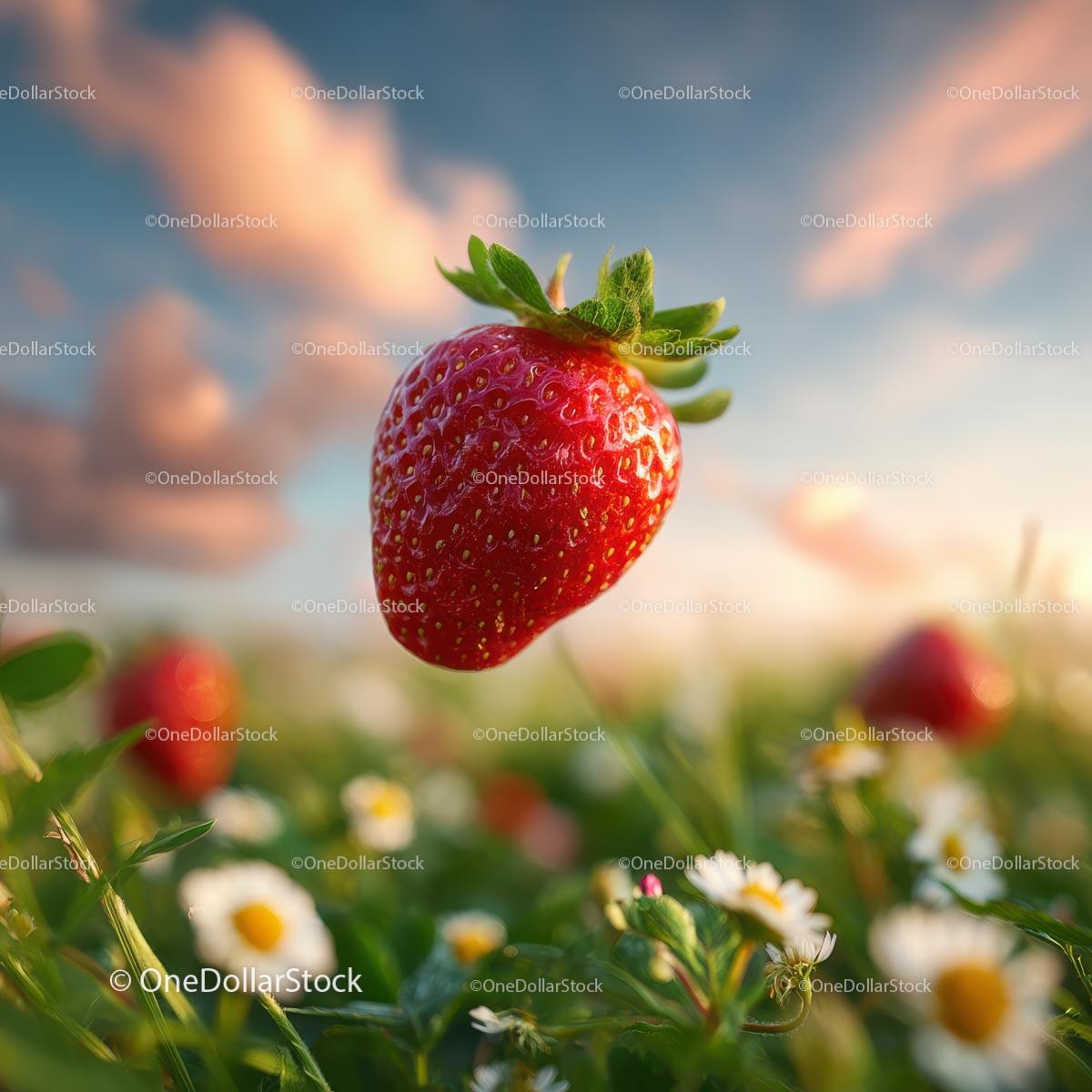 Floating Ripe Strawberry Above a Daisy Field Stock Photo Bundle preview 5