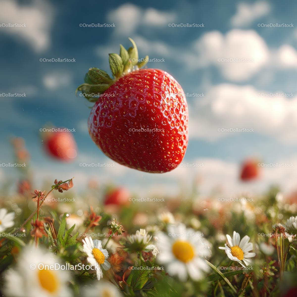 Floating Ripe Strawberry Above a Daisy Field Stock Photo Bundle preview 7
