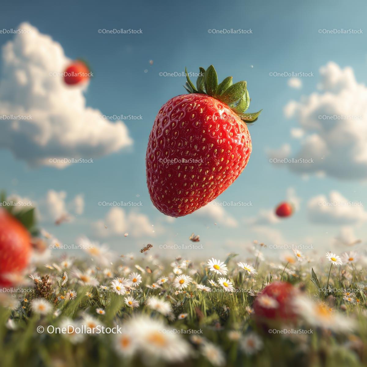 Floating Ripe Strawberry Above a Daisy Field Stock Photo Bundle preview 9