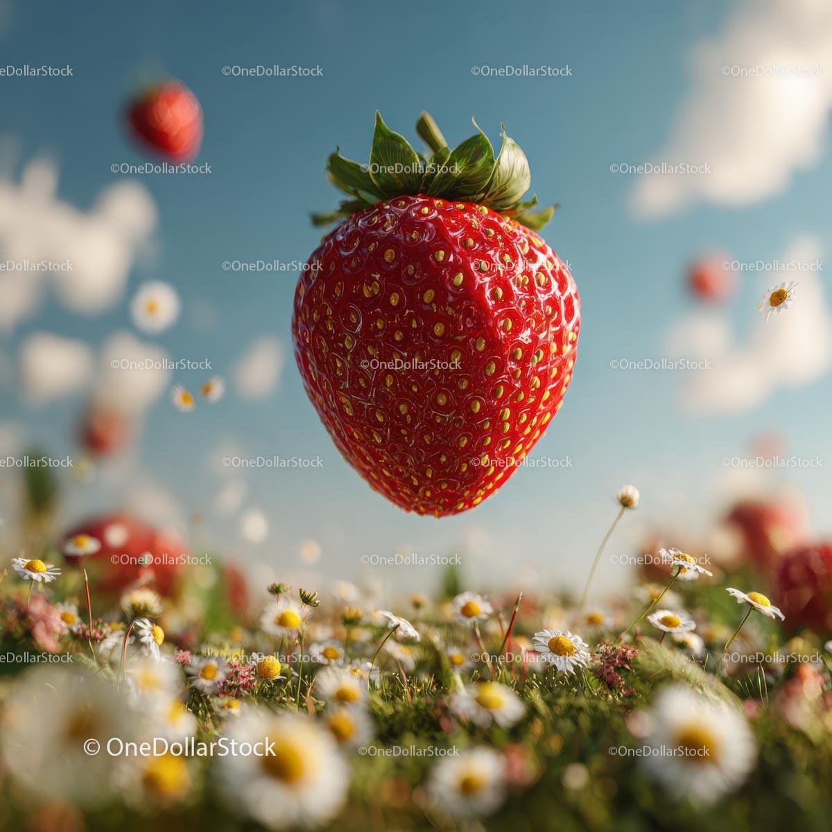Floating Ripe Strawberry Above a Daisy Field Stock Photo Bundle preview 11