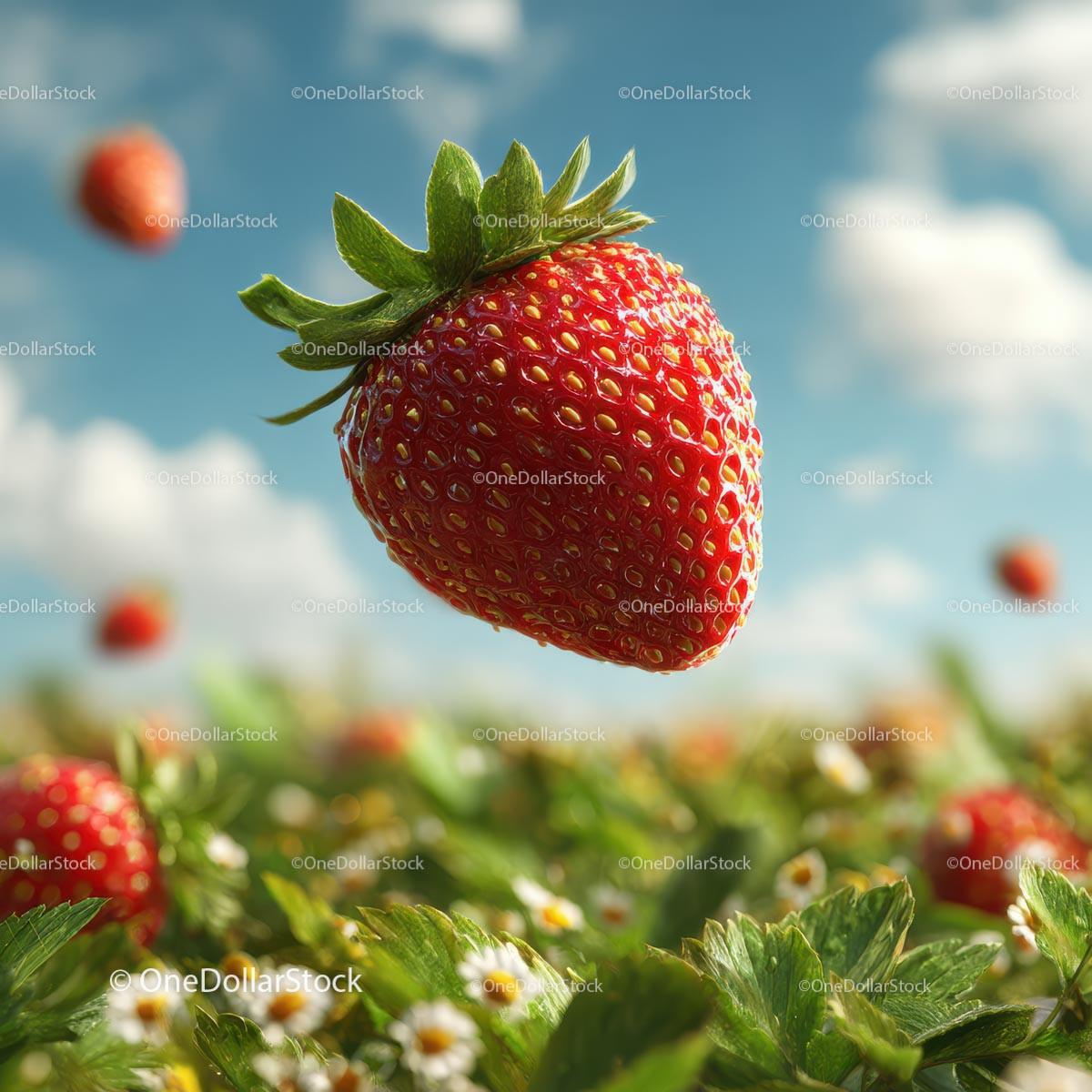 Floating Ripe Strawberry Above a Daisy Field Stock Photo Bundle preview 12
