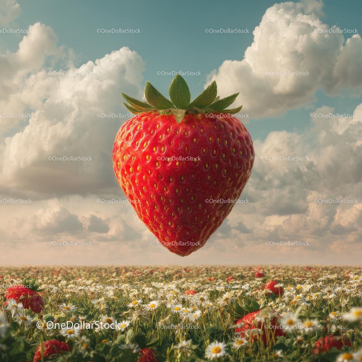 Floating Ripe Strawberry Above a Daisy Field Stock Photo Bundle preview 16