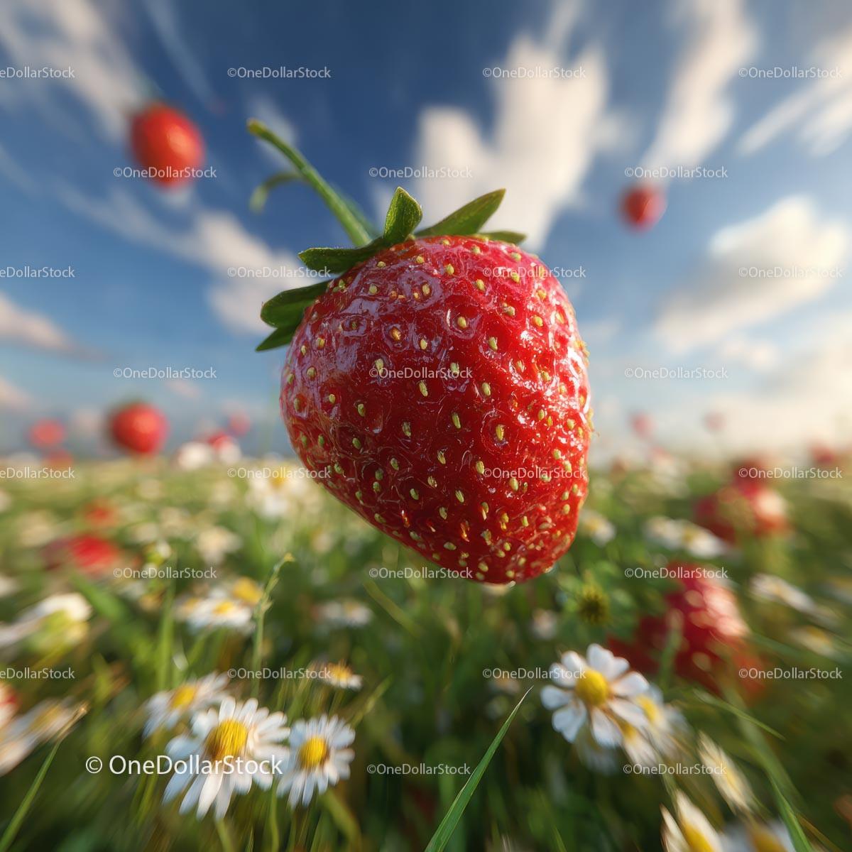 Floating Ripe Strawberry Above a Daisy Field Stock Photo Bundle preview 17